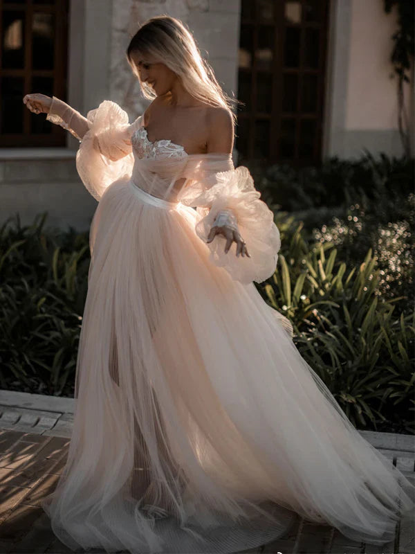 Weitese Formal Women's Dresses Fancy Off-the-Shoulder Sweetheart Tulle A-Line Long Prom Dress Prom Dresses Stores